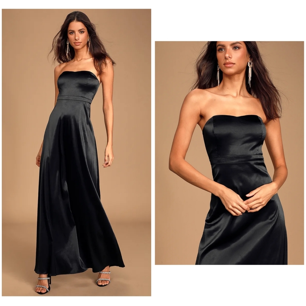 NWT Lulu's These Are The Nights Black Satin Strapless Maxi